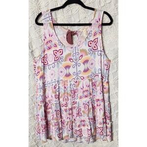Matilda Jane Womens Modal‎ Tunic Size XL Pink Floral Tiered Boho Stretch Bow
